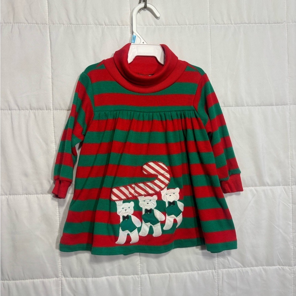 Toddler Vintage Retro Christmas Holiday Tunic Dress Striped Teddy Bear Appliqué